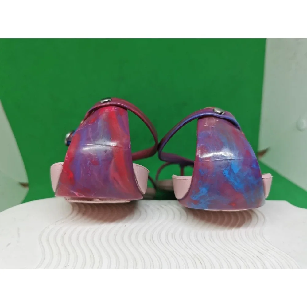 CROCS Size 7 Really Sexi Thong Pink Marble Studded Strappy Sandals Comfort Flat